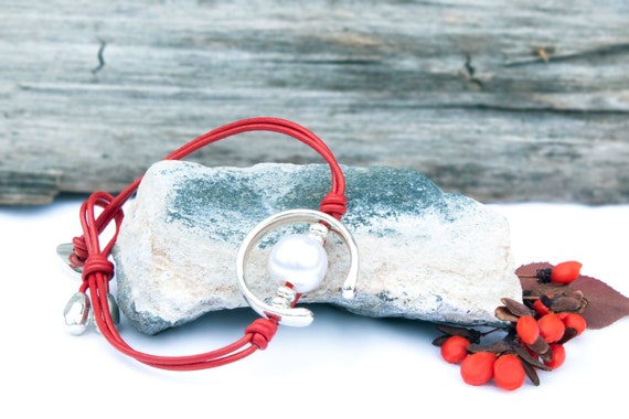 Red Leather and Pearl Wrap Bracelet With Silver Accents 
