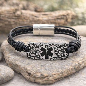 Leather Medical ID Bracelet for Women | Customizable Stainless Steel Tag, Magnetic Clasp