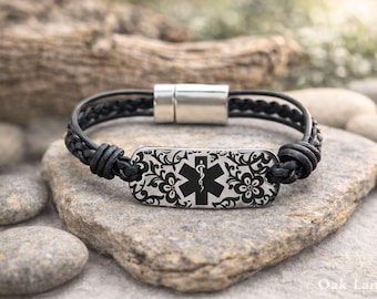 Leather Medical Alert ID Bracelet for Women | QR Code Emergency Health Jewelry | Pretty Medical Alert
