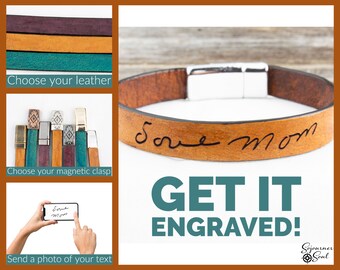 May include: A brown leather bracelet with a silver magnetic clasp. The bracelet is engraved with the words "Save Mom". The image shows different leather colors and magnetic clasps to choose from. The text "GET IT ENGRAVED!" is displayed in teal blue.