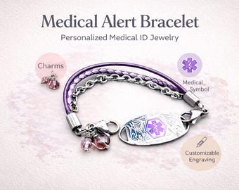 Leather Medical Alert Bracelet ID | Pretty Medic ID Tag | QR Code Emergency Alert Bracelet | Purple Leather and Chain Bracelet