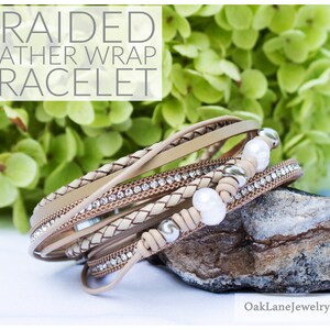 Tan Leather Wrap Bracelet | Braided Double Wrap Bracelet | Sparkle with Pearl Accents Leather Double Wrap Bracelet