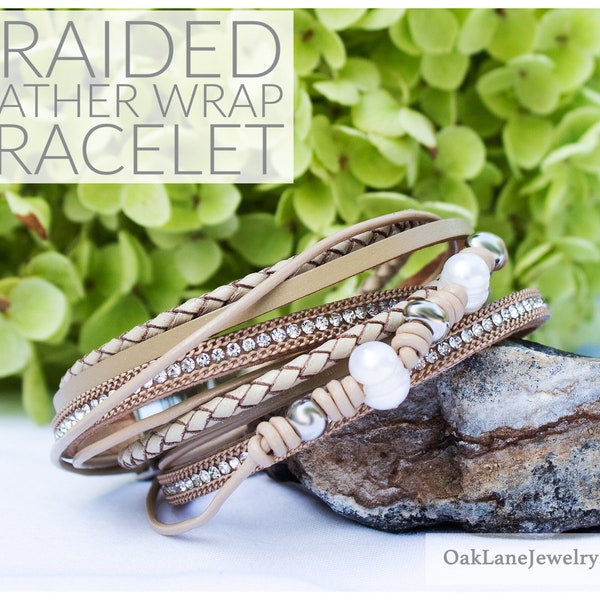 Tan Leather Wrap Bracelet | Braided Double Wrap Bracelet | Sparkle with Pearl Accents Leather Double Wrap Bracelet