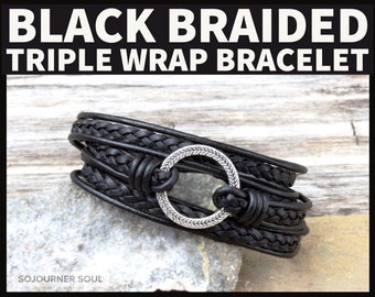 Braided Black Leather Bracelet | Triple Wrap Black Leather Bracelet | Magnetic Clasp Bracelet | Wrap Bracelet | Bracelet for Women