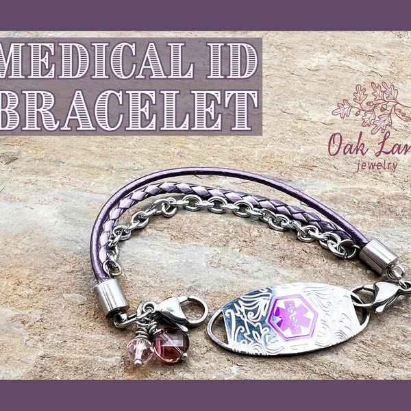 Medical Alert Bracelet | Pretty Medical ID Tag | Emergency Alert Bracelet | Purple Leather and Chain Bracelet