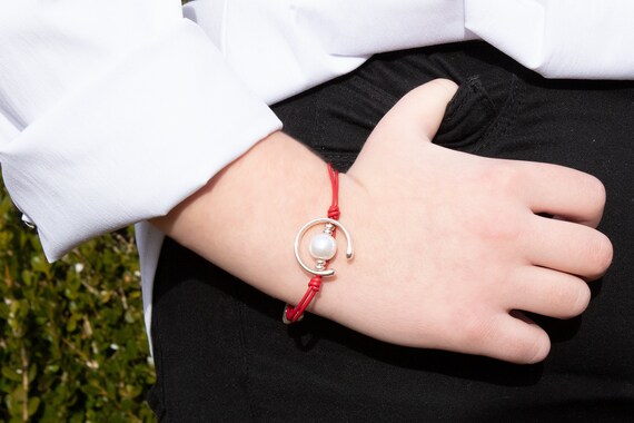 Elegant Red Leather Bracelet with Pearl Accent Red Leather and Pearl Wrap Bracelet With Silver Accents  main image 2