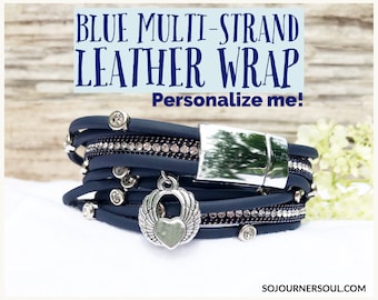May include: Blue multi-strand leather wrap bracelet with a silver heart charm and rhinestones.  Personalize me!  Sojournersoul.com