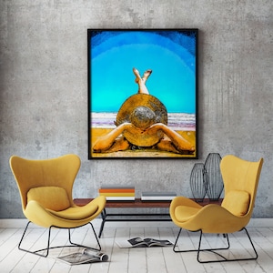 Woman at the beach Art poster, Beach girl, Woman with hat fashion poster, Summer girl with straw hat