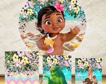 Baby Moana Round Backdrop for Girls First Birthday Party Decor Tropical Baby Shower Wall Decoration Cylinder Cover Decor Photo Booth