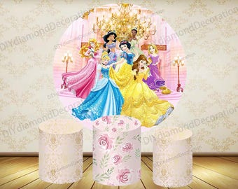 Fondo redondo para cumpleaños de niña, fondo de princesas Disney, decoración para fiestas infantiles, fundas cilíndricas para fotos
