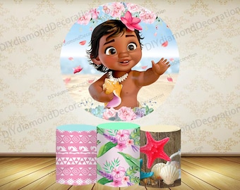 Baby Moana Round Backdrop Cover Plinth Covers Tropical Luau Birthday Party Baby Shower Decor