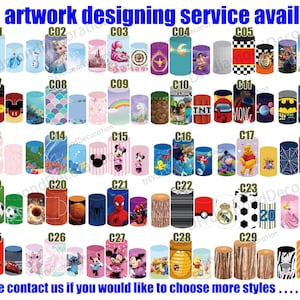 Puede incluir: Una colecci&oacute;n de vasos cil&iacute;ndricos con varios dise&ntilde;os, incluyendo personajes de dibujos animados, patrones y temas deportivos. La imagen incluye el texto "Free artwork designing service available" y "Please contact us if you would like to choose more styles".