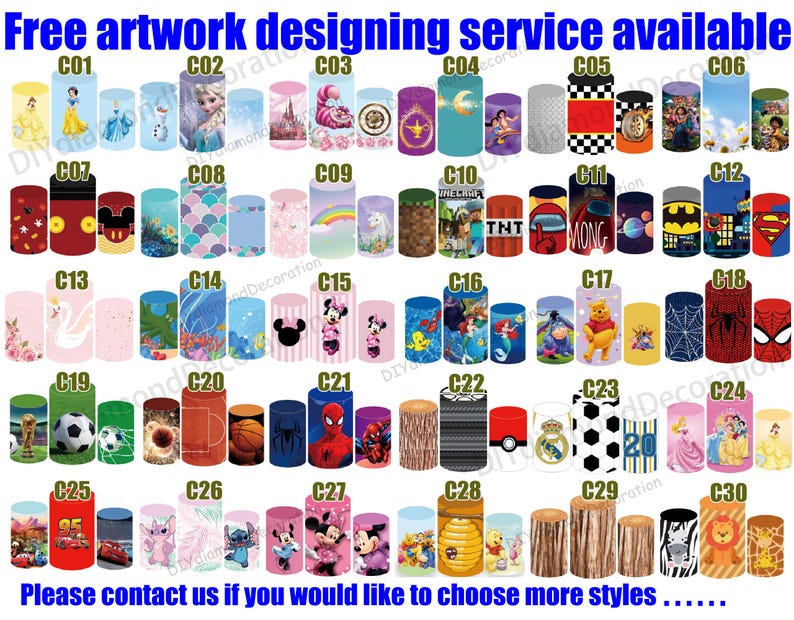 Puede incluir: Una colecci&oacute;n de vasos cil&iacute;ndricos con varios dise&ntilde;os, incluyendo personajes de dibujos animados, patrones y temas deportivos. La imagen incluye el texto "Free artwork designing service available" y "Please contact us if you would like to choose more styles".