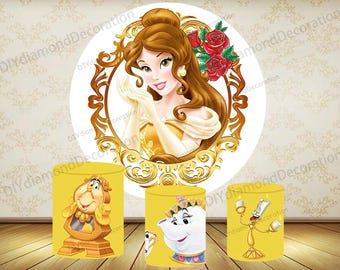 Princess Belle Round Backdrop Cover For Girls Happy Birthday Party Background 3pcs Cylinder Cover