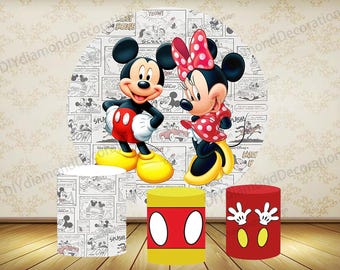 Mickey Minnie Mouse Round Backdrop Cover Comic Theme Cylinder Plinth Covers Birthday Party Decor