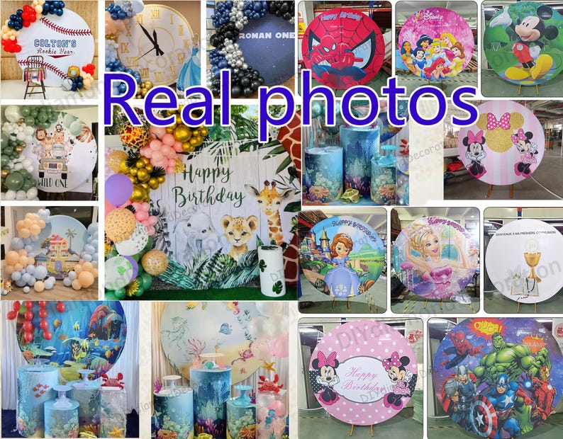 Puede incluir: Una colecci&oacute;n de fondos redondos para fiestas y soportes cil&iacute;ndricos, con varios temas como superh&eacute;roes, personajes de Disney y celebraciones de cumplea&ntilde;os. La frase "Real photos" se muestra en texto azul.