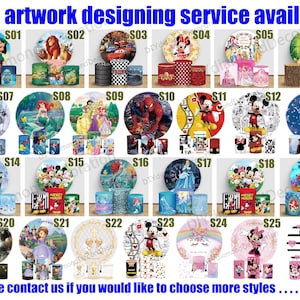 Puede incluir: Una exhibici&oacute;n de varios juegos de regalo tem&aacute;ticos, que incluyen platos, vasos y recipientes cil&iacute;ndricos. Los dise&ntilde;os presentan personajes de Disney, Marvel y otras franquicias populares. El texto en la parte superior dice "Free artwork designing service available."