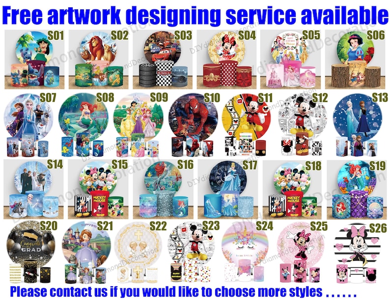 Puede incluir: Una exhibici&oacute;n de varios juegos de regalo tem&aacute;ticos, que incluyen platos, vasos y recipientes cil&iacute;ndricos. Los dise&ntilde;os presentan personajes de Disney, Marvel y otras franquicias populares. El texto en la parte superior dice "Free artwork designing service available."