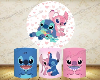 Lilo and Stitch Round Backdrop Cover Plinth Covers Pink Angel Love Birthday Party Decor