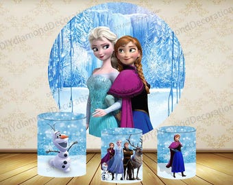 Frozen Elsa Anna Round Backdrop Cover and Cylinder Covers Winter Birthday Party Photo Decor