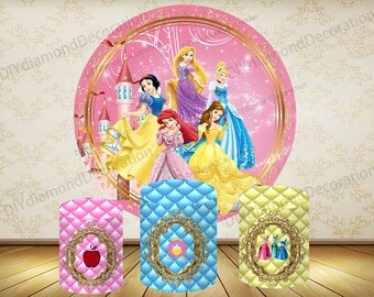 ディズニープリンセス ラウンドバックドロップカバーとシリンダーカバー ピンクキャッスル バースデーパーティーデコレーションセット