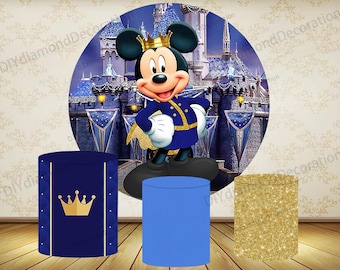 Fondo azul marino de Mickey Mouse, decoración dorada para baby shower, fondo circular, fondo personalizado para fiesta de cumpleaños, accesorio para fotomatón