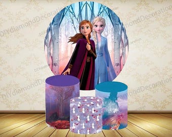 Snow Princess Winter Forest Happy Birthday Round Backdrop and Cylinder Covers Party Decor