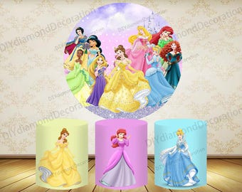 Fondo redondo personalizado de princesas Disney para fiesta de cumpleaños infantil, decoración para fotos