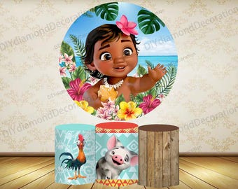 Cartoon Moana Princess for Birthday Party Banner Round Backdrops Cover 3pcs Cylinder Covers Brown Skin Girl Show Photo Party Wall Decoration