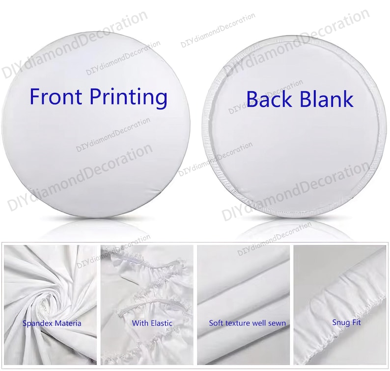 Puede incluir: Dos piezas de tela redondas blancas, una con la etiqueta "Front Printing" y la otra "Back Blank". Im&aacute;genes adicionales muestran las caracter&iacute;sticas de la tela: material de spandex, el&aacute;stico, textura suave y un ajuste perfecto. El producto es probablemente una funda.