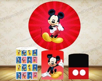 Red Mickey Mouse Round Backdrop Cover and Cylinder Covers Boy Birthday Party Photo Decor