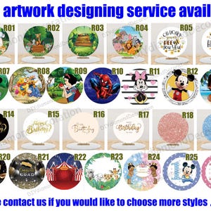 Puede incluir: Una colecci&oacute;n de elementos decorativos redondos con varios dise&ntilde;os, incluyendo personajes de dibujos animados, mensajes de cumplea&ntilde;os y temas de circo. El texto "Free artwork designing service available" est&aacute; en la parte superior.