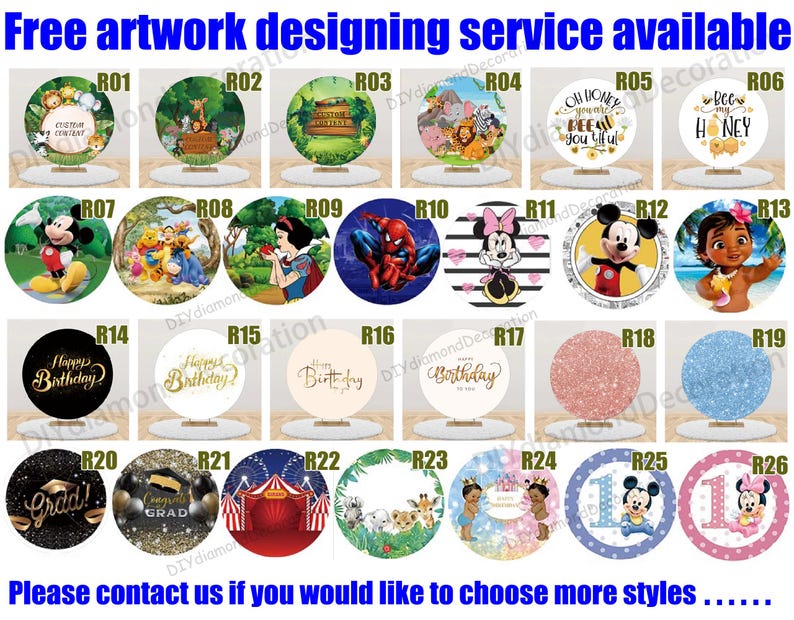 Puede incluir: Una colecci&oacute;n de elementos decorativos redondos con varios dise&ntilde;os, incluyendo personajes de dibujos animados, mensajes de cumplea&ntilde;os y temas de circo. El texto "Free artwork designing service available" est&aacute; en la parte superior.