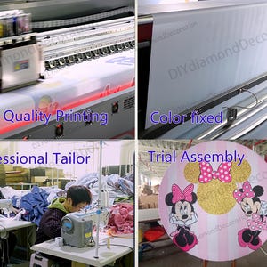 Puede incluir: Im&aacute;genes que muestran el proceso de producci&oacute;n de una decoraci&oacute;n de fiesta. Incluye impresi&oacute;n de alta calidad, fijaci&oacute;n de color, sastrer&iacute;a profesional y montaje de prueba. El producto final presenta un dise&ntilde;o de Minnie Mouse.