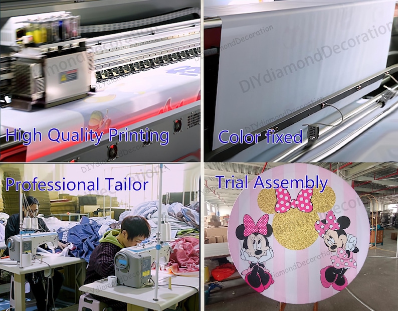 Puede incluir: Im&aacute;genes que muestran el proceso de producci&oacute;n de una decoraci&oacute;n de fiesta. Incluye impresi&oacute;n de alta calidad, fijaci&oacute;n de color, sastrer&iacute;a profesional y montaje de prueba. El producto final presenta un dise&ntilde;o de Minnie Mouse.