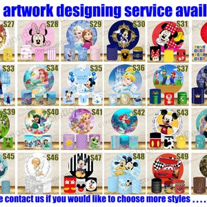 Puede incluir: Imagen promocional que muestra varias decoraciones para fiestas tem&aacute;ticas, incluyendo contenedores cil&iacute;ndricos y fondos circulares. Los dise&ntilde;os presentan personajes de dibujos animados populares y el texto "Free artwork designing service available".