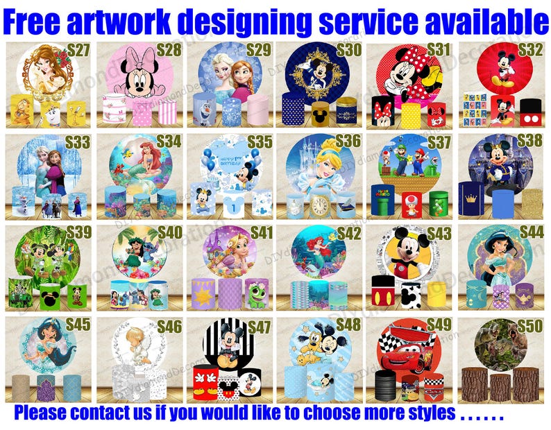 Puede incluir: Imagen promocional que muestra varias decoraciones para fiestas tem&aacute;ticas, incluyendo contenedores cil&iacute;ndricos y fondos circulares. Los dise&ntilde;os presentan personajes de dibujos animados populares y el texto "Free artwork designing service available".