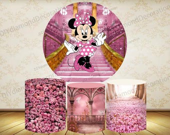 Pink Palace Minnie Mouse Round Backdrop Cover and Cylinder Covers Princess Birthday Party Decor