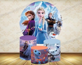 Telón de fondo redondo para cumpleaños de niñas, princesa Frozen, Disney, fiesta de baby shower, fundas cilíndricas elásticas
