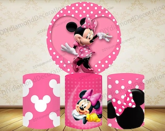 Pink Minnie Mouse Round Backdrop Cover & Cylinder Covers, Polka Dot Birthday Party Decor