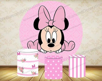 Cute Pink Minnie Mouse Round Backdrop for Girls First Birthday Party Photo Booth Prop Baby Shower Decoration Background Cover