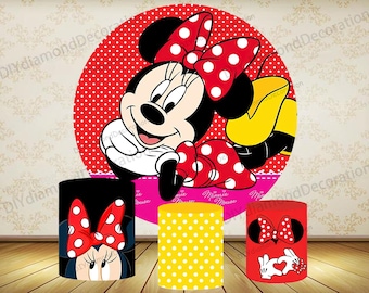 Minnie Maus Hintergrund für Mädchen Erster Geburtstag Party Runder Hintergrund mit Schleife Baby Shower Photo Booth Prop Fotografie Hintergrund Dekor