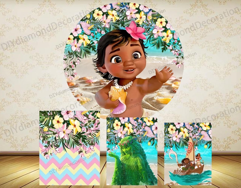 Fondo redondo de Baby Moana para fiesta de primer cumpleaños de niñas, decoración tropical para baby shower, decoración de pared, cubierta cilíndrica para fotomatón imagen 1