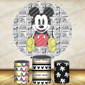 May include: A large circular backdrop featuring Mickey Mouse with a vintage comic strip background. Three cylindrical stands are in front, each with a different Mickey Mouse-themed design. One stand has a yellow, red, blue, and white pattern.