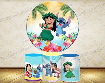 Telones de fondo redondos con diseño de ángel de Stitch de dibujos animados para fiesta de cumpleaños de Cenicienta, 3 piezas de cubiertas cilíndricas para revelar el género, foto y decoración para fiesta.