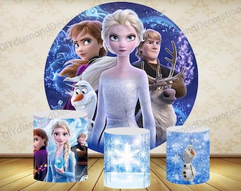 Frozen Elsa Anna Round Backdrop Cover and Cylinder Covers Snowflake Birthday Party Decor