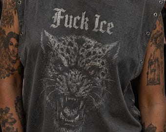 Abolish ICE Punk Tank Top, Distressed Leopard Graphic Tee, Protest Streetwear