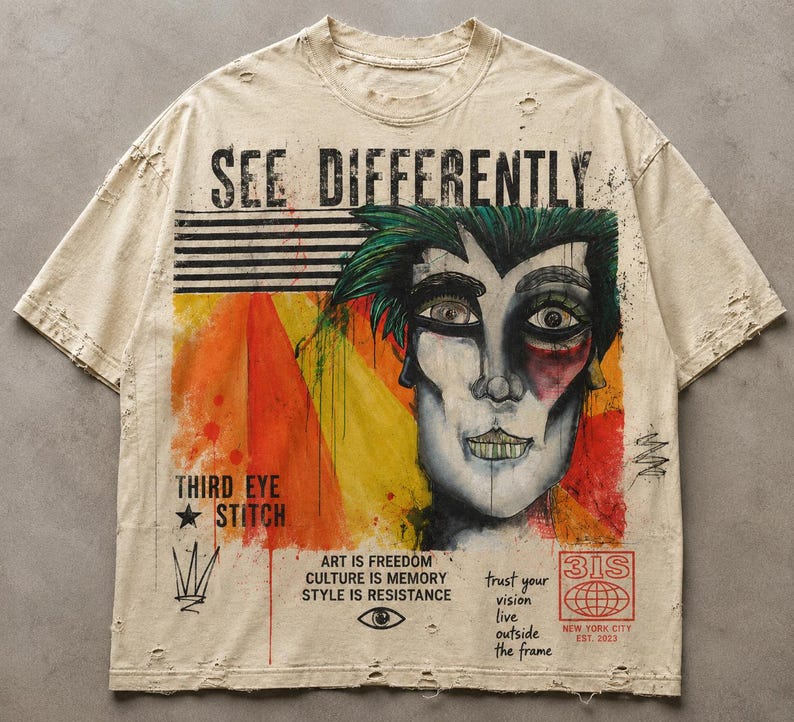 May include: A beige short-sleeve t-shirt with distressed edges featuring a graphic of a stylized face with green hair. Text includes SEE DIFFERENTLY, THIRD EYE STITCH, ART IS FREEDOM CULTURE IS MEMORY STYLE IS RESISTANCE, and 3IS NEW YORK CITY EST. 2023.