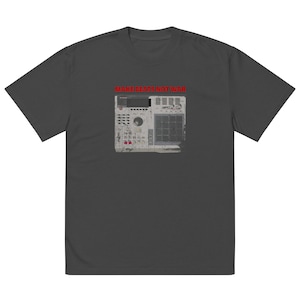 May include: A dark gray t-shirt with a white and gray drum machine graphic and the text "MAKE BEATS NOT WAR" in red.