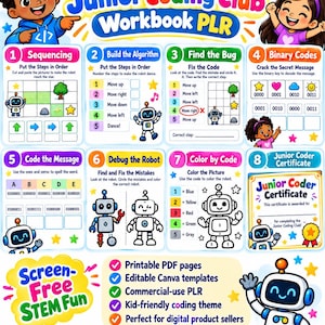 May include: A Junior Coding Club workbook PLR educational resource featuring eight distinct activity modules including sequencing, algorithms, binary codes, and debugging. The colorful page displays cartoon characters, robot illustrations, and a certificate template.